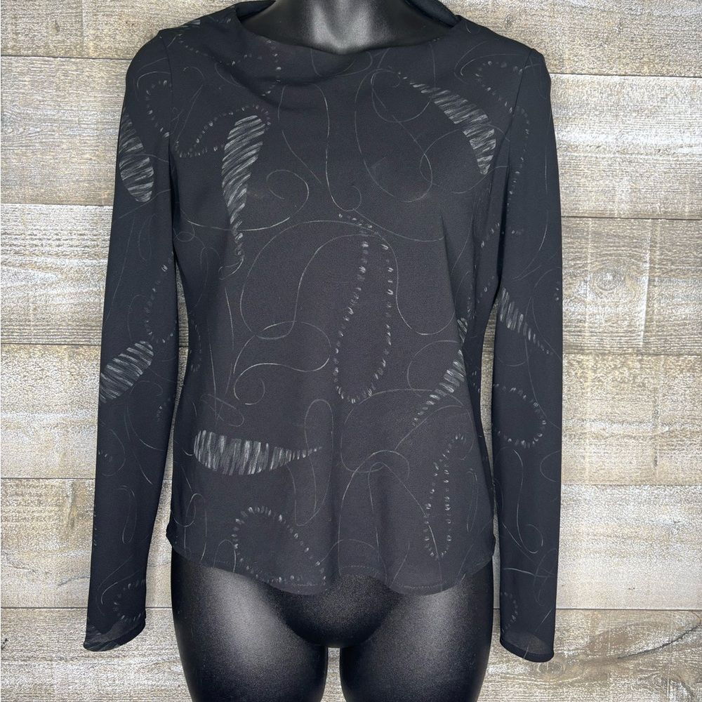 Rena Rowan Small petite vintage Black Long Sleeve sheer printed Blouse